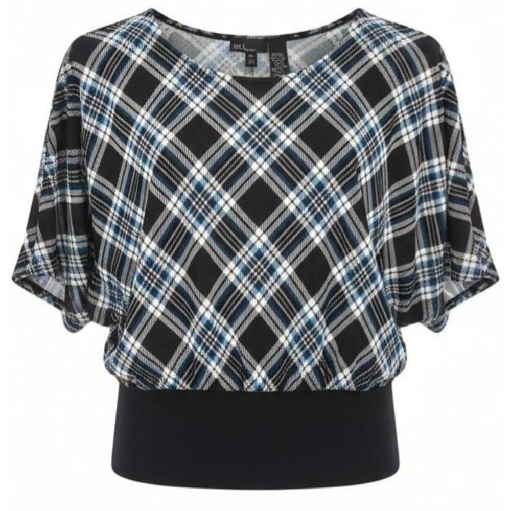 Vtg Y2K Sixteen Tartan Plaid Top Womens L Black Blue Batwing Sleeve Flowy Office